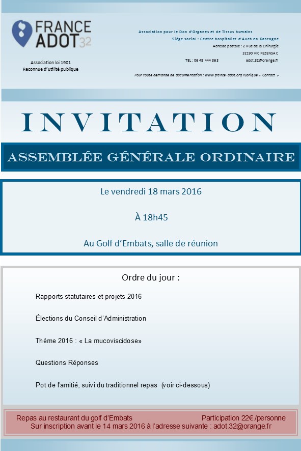 Don d&rsquo;Organes : Assemblée générale 18 mars 2016