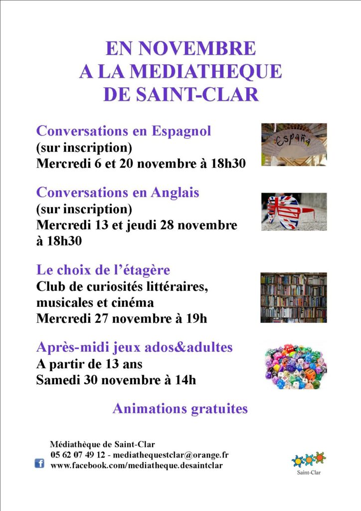 Les animations de novembre à la médiathèque de Saint-Clar