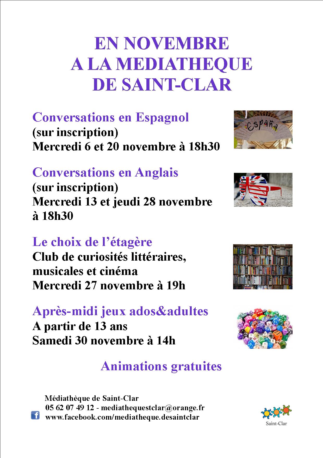 Les animations de novembre à la médiathèque de Saint-Clar