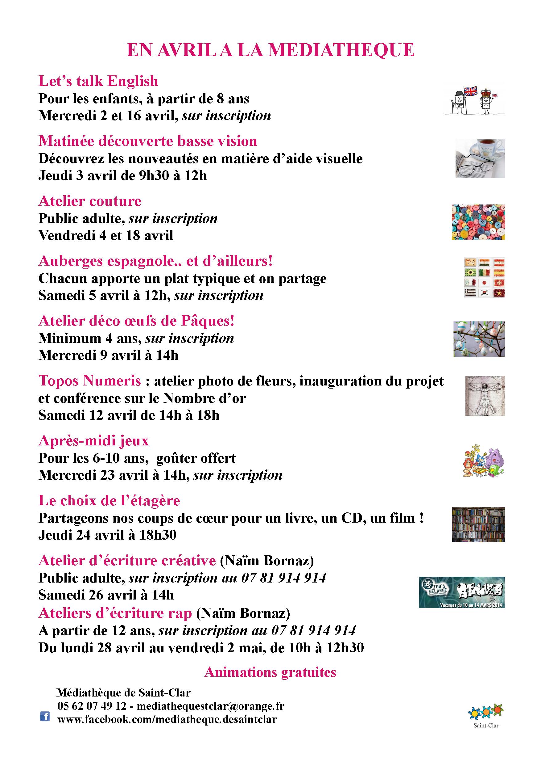 En avril à  la médiathèque de Saint-Clar